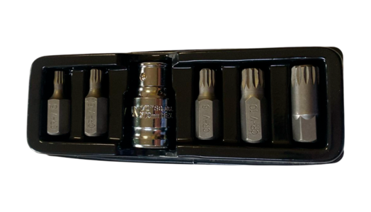 Набор головок со вставками-битами (АвтомTool, 6 предметов: 5, 6 ,8, 10, 12 мм адаптер 1/2"х 3/8", SPLINE 12-гран), артикул: 54760